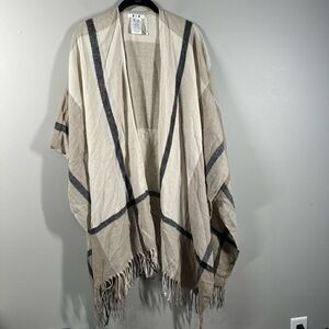 Three Dots tan beige window pane fringe trim wrap shawl blacker scarf
